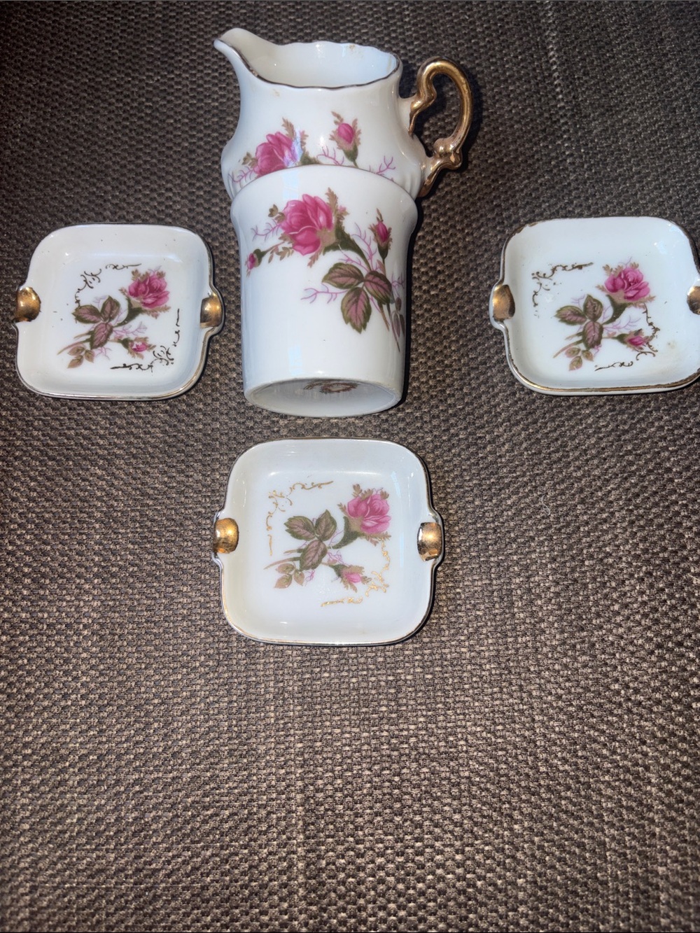 VIN Porcelain Royal Sealey Rose Creamer, Sugar & Ashtray Set with Gold Trim